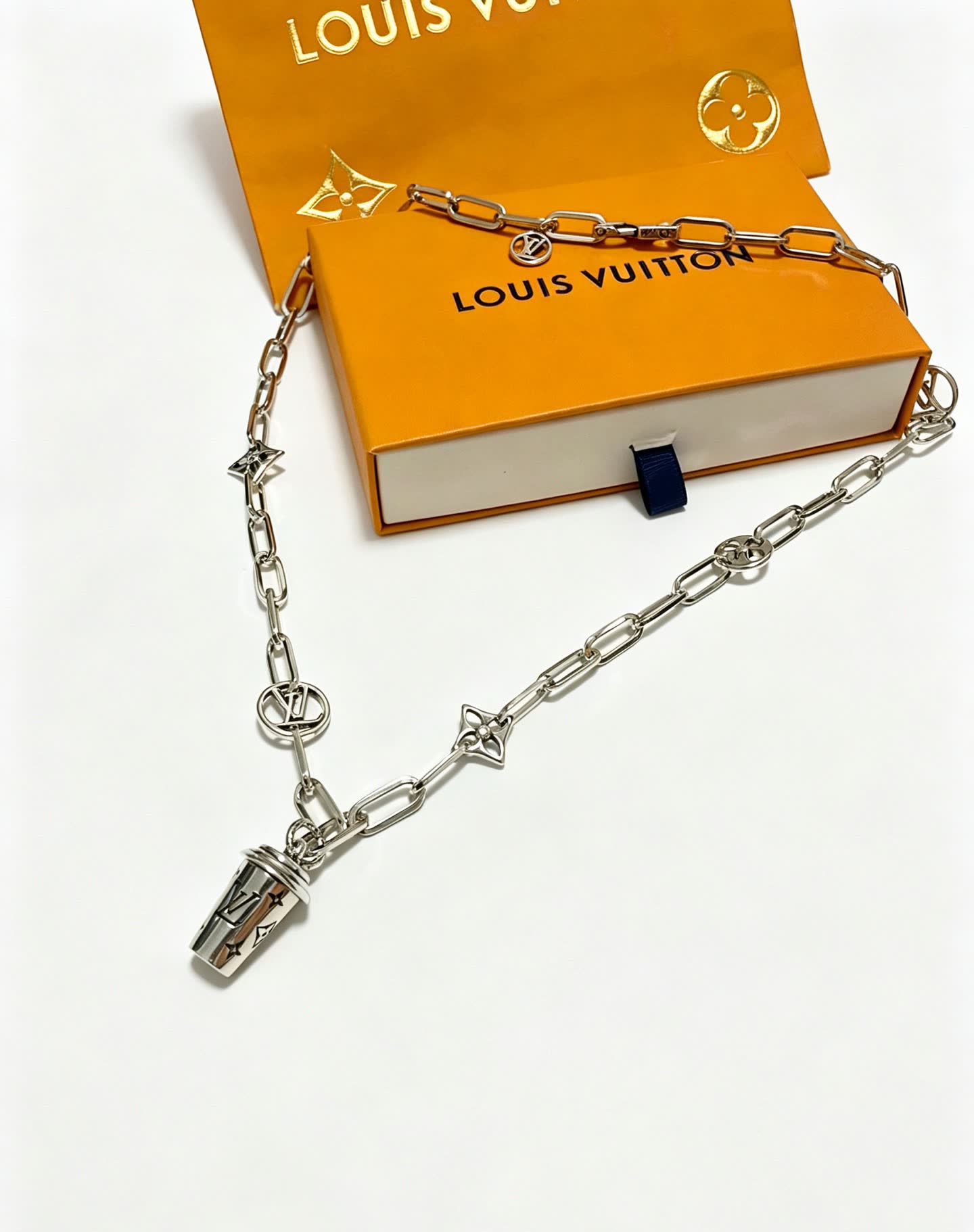 Louis Vuitton Silver Chain Necklace with Logo Charms